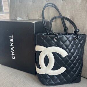 Authentic CHANEL Cambon Ligne CC Calfskin Quilted Tote Black Leather Purse